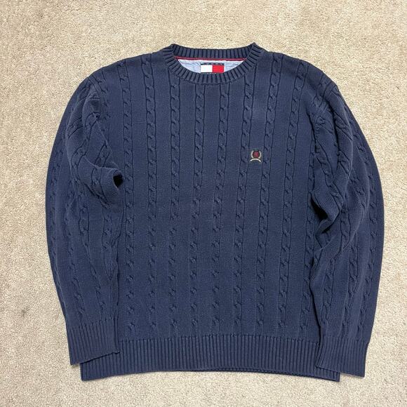Vintage Tommy Hilfiger Cable Knit Navy Blue Sweater Large - Picture 1 of 7
